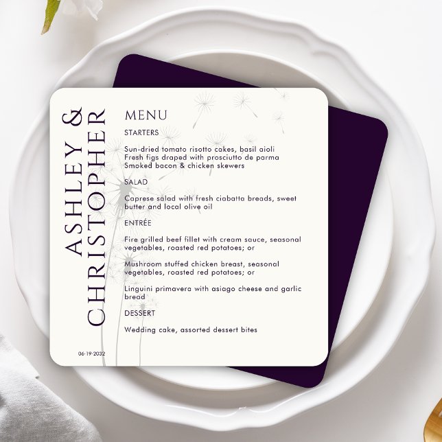 Menu Casamento Roxo Escuro de Dandelion Moderno Elegant (Criador carregado)