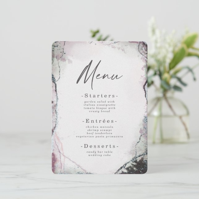 Menu Casamento Roxo Moderno Abstrato Watercolor (Em pé/Frente)