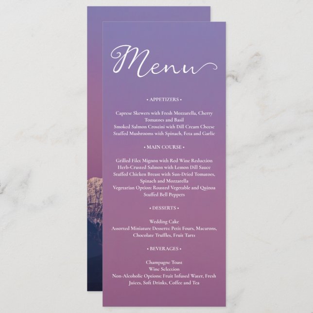 Menu Casamento roxo roxo de montanhas de neve (Frente/Verso)