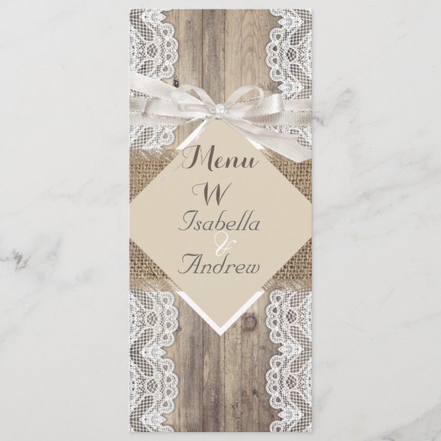 Menu Casamento Russo Beige White Lace Wood Burlap  (Frente)