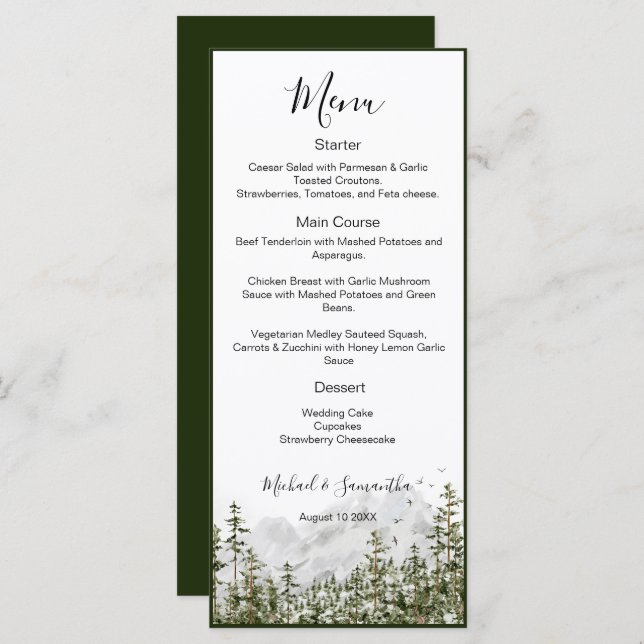 Menu Casamento Russo da Floresta das Montanhas Watercol (Frente/Verso)