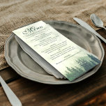 Menu Casamento Russo De Legância Dos Pinheiros Verdes<br><div class="desc">Este menu de casamento é simples, rústico e elegante. Ele apresenta um título de caligrafia com rico de serra com pano de fundo da montanha de madeira, pinheiros verdes envoltos em neblina ou neblina. A parte de trás é uma cor verde da floresta marmoreada. Perfeito para uma recepção ao ar...</div>