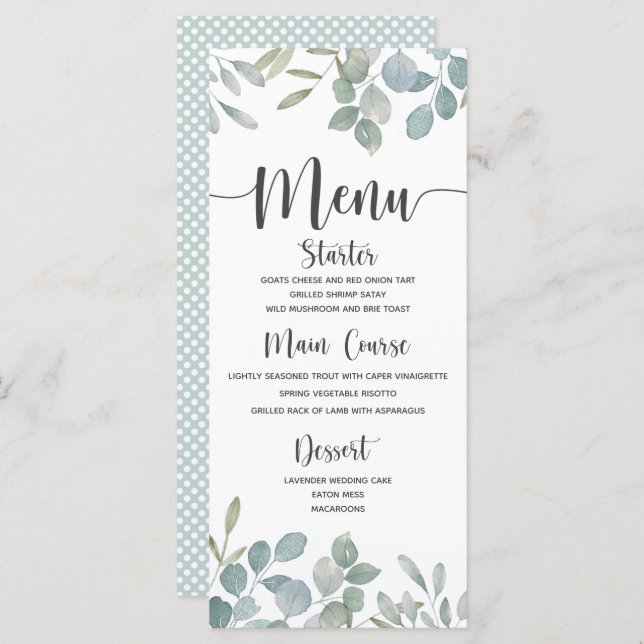 Menu Casamento Russo Eucalyptus aquarela verde e branco (Frente/Verso)