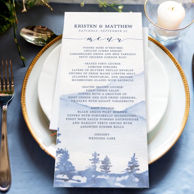 Menu Casamento Rustic Blue Mountain (Each menu showcases a delicate watercolor design, reflecting the cool hues of a mountain landscape.)