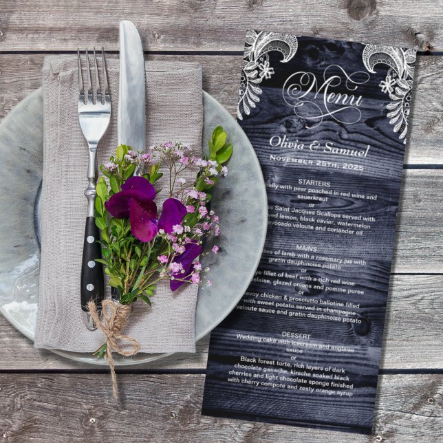 Menu Casamento Rustic Blue Wood Lace (Criador carregado)