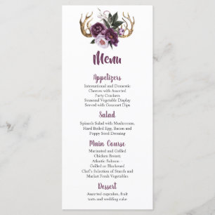 Menu Casamento Rustic Boho Purple Plum Peonies Antlers