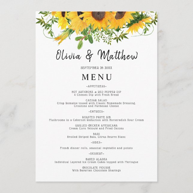 Menu Casamento Rustic Boho Sunflower Buquê (Frente)