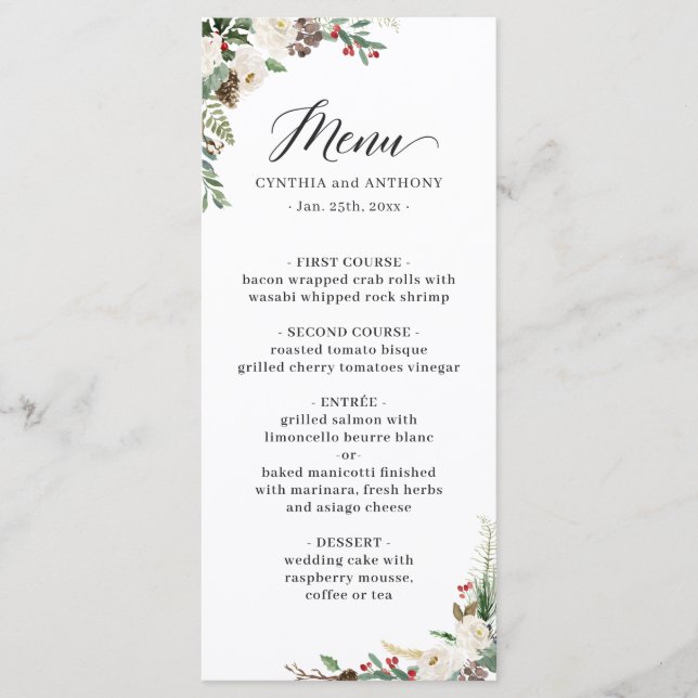 Menu Casamento Rustic Chic Winter Floral Holly Berries (Frente)