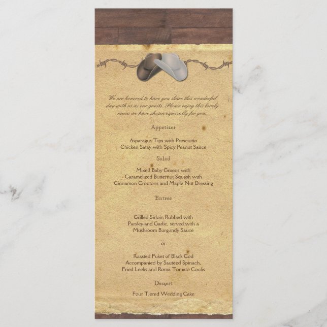 Menu Casamento Rustic Country Cowboy Hat Barbed Wi (Frente)