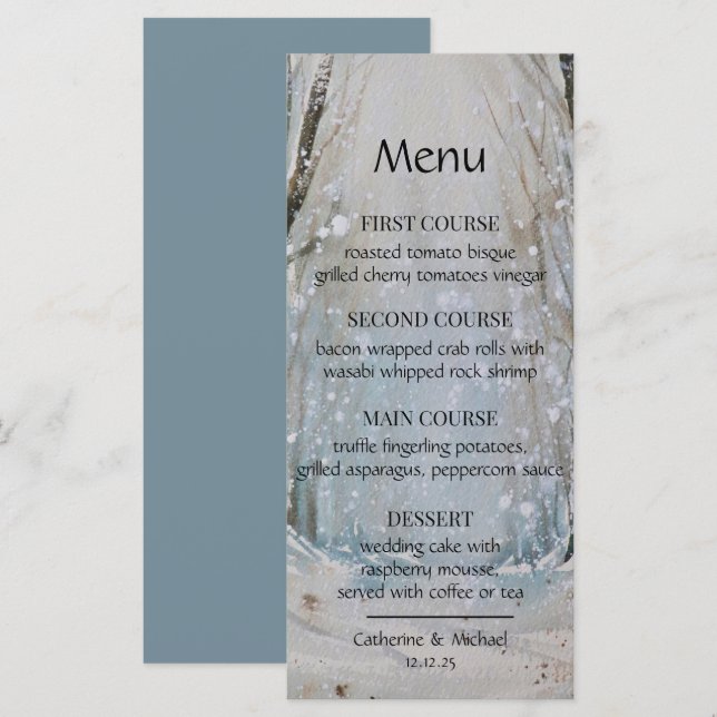 Menu Casamento Rustic Dusty Blue Forest Watercolor (Frente/Verso)