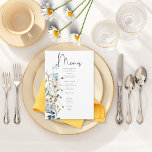 Menu Casamento Rustic Dusty Blue Selvagens & Daisies<br><div class="desc">Descubra o epítome da elegância rústica com nosso cardápio de casamento rústico, onde a beleza eterno encontra a delicada graça da natureza. Contra um pano de fundo branco intocado, surge um buquê de aquarela pintado manualmente, apresentando uma mistura harmoniosa de flores silvestres poeirentas, azuis e amarelas, ao lado da pureza...</div>