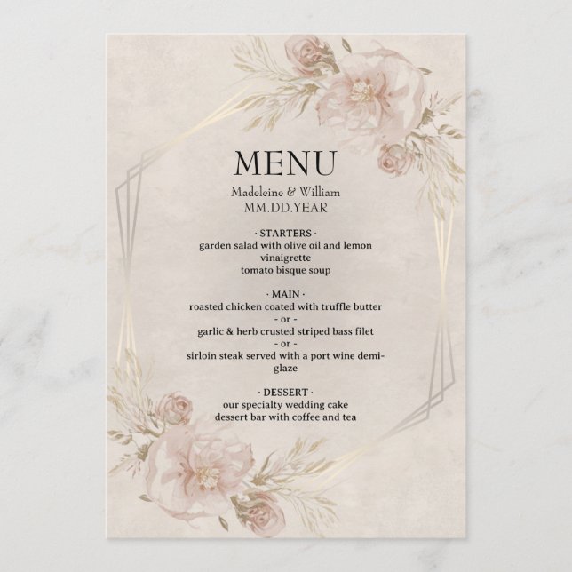 Menu Casamento Rustic Dusty Roses Rosa e Flores Selvage (Frente)