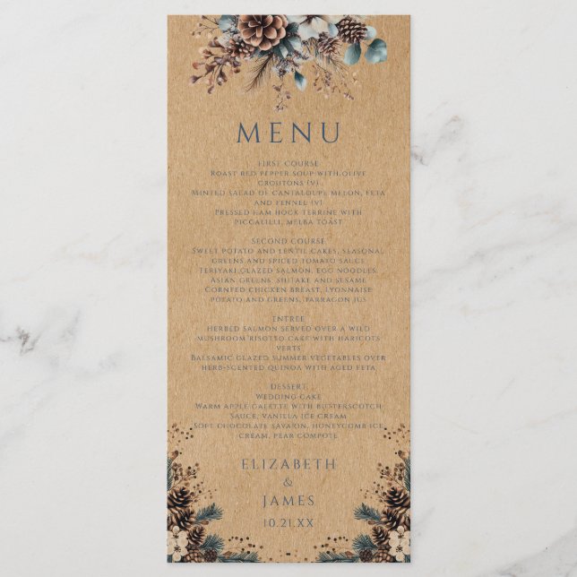 Menu Casamento Rustic Kraft Forest Floral Pinecones (Frente)