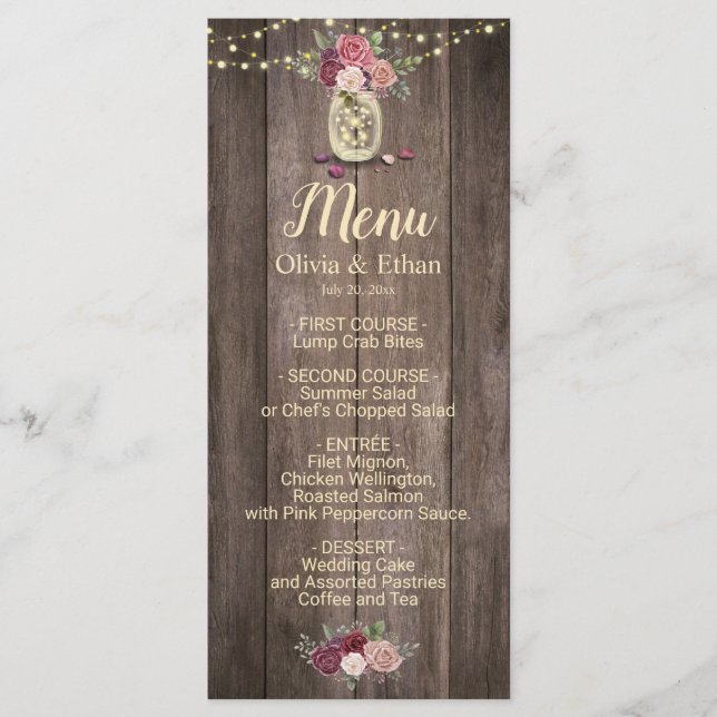 Menu Casamento Rustic Mason Jar Floral Wood (Frente)