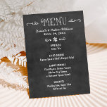 Menu Casamento Rustic Script Black Chalkboard<br><div class="desc">Cartão de janto de casamento casual e na moda com giz branco manuscrito na aparência do conselho preto. Personalize com informações do menu e um monograma do seu nome casado e data do casamento.</div>