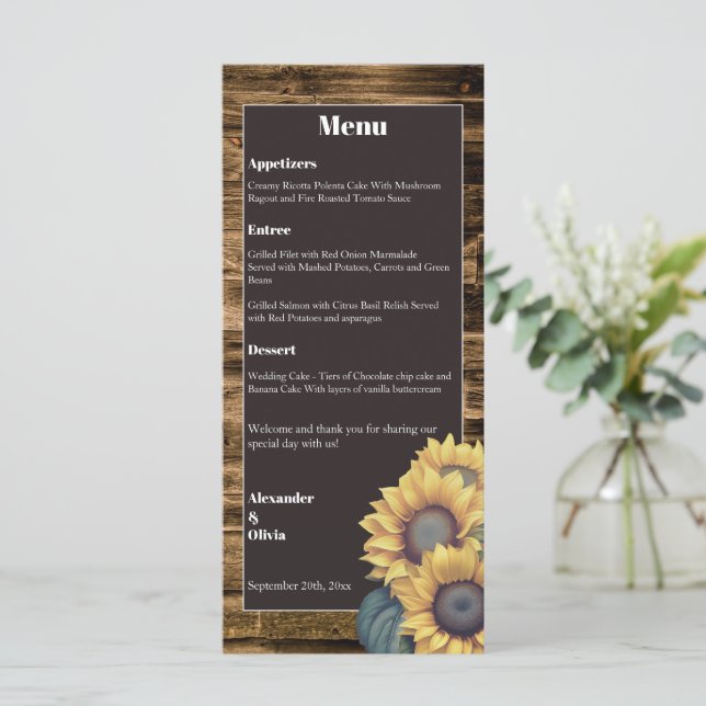 Menu Casamento Rustic Sunflower (Em pé/Frente)