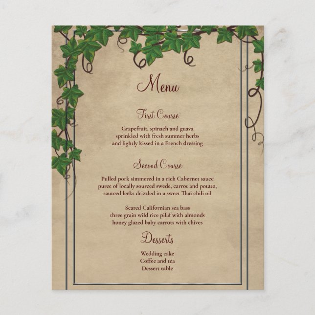 Menu Casamento Rustic Vineyard Barn Script (Frente)