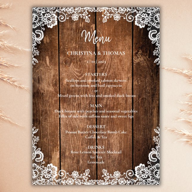 Menu Casamento Rustic Wood and Lace Country (Criador carregado)