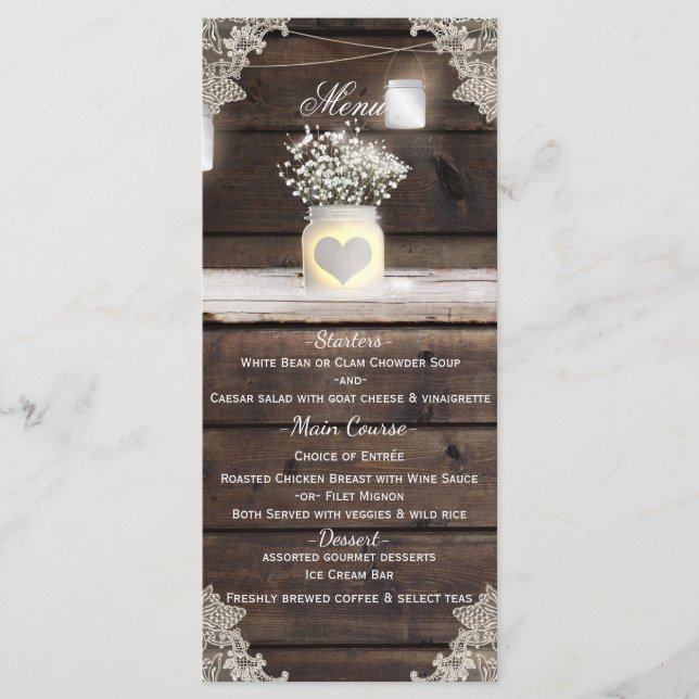 Menu Casamento Rustic Wood, Lace & Mason Jars Barn (Frente)