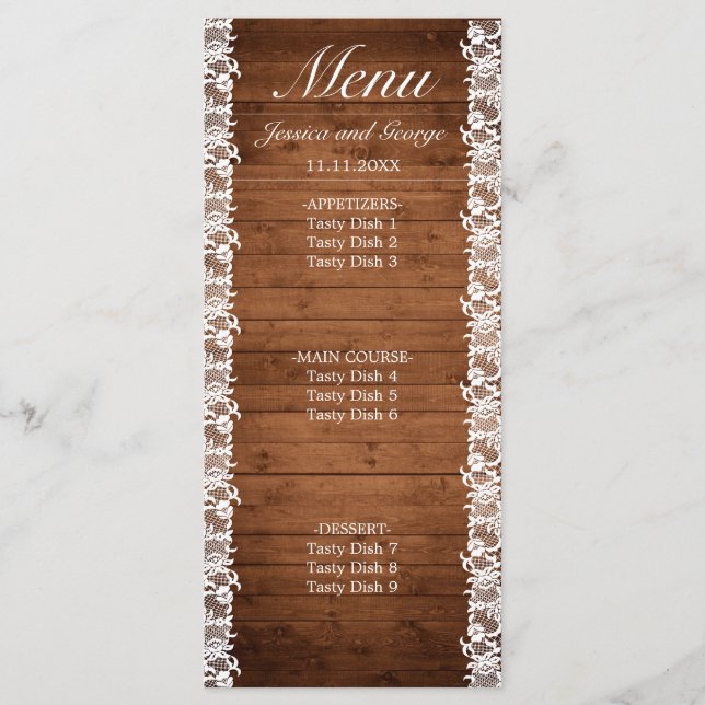Menu Casamento Rustic Wood & White Lace (Frente)