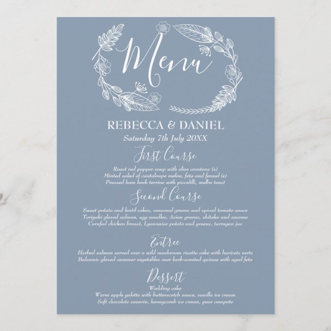 Menu Casamento Rústico com Guirlanda Floral Desenhada à (Frente)