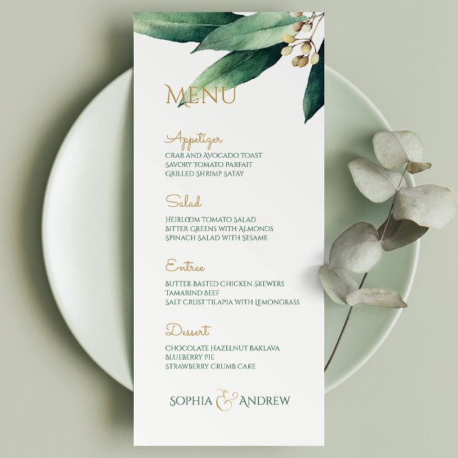 Menu Casamento rústico de botânica pintada moderna (Modern painted botanical greenery rustic wedding menu)