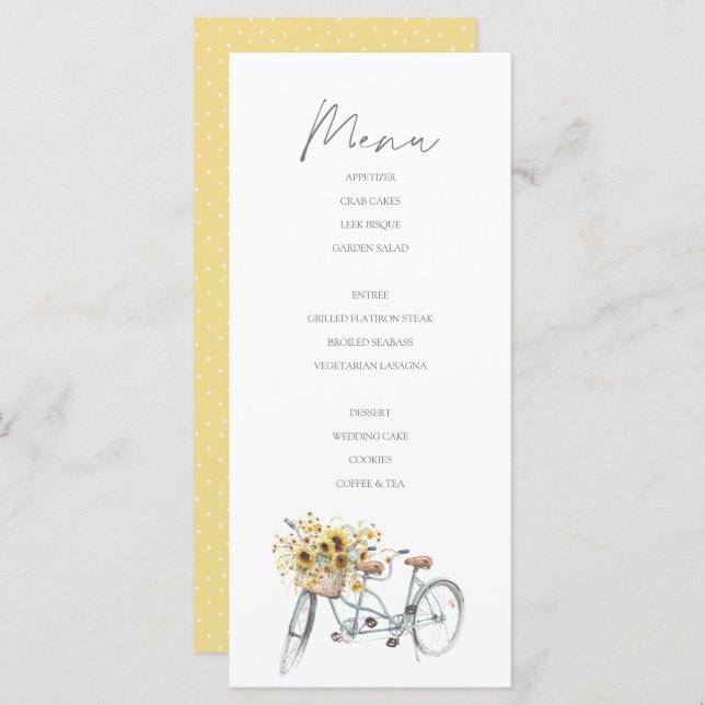 Menu Casamento Rústico de Girassol de Bicicleta de Tand (Frente/Verso)