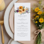 Menu Casamento Rústico de Girassol Selvagem Amarelo Rox<br><div class="desc">Adicione um toque de charme natural e uma elegância vibrante ao seu dia especial com o nosso Menu Russo de Casamento de Girassol. Perfeitamente desenhado para casamentos rústicos,  jardins ou rurais,  este menu apresenta uma mistura deliciosa de girassóis,  flores silvestres e uma paleta harmoniosa de matizes amarelas e roxas.</div>