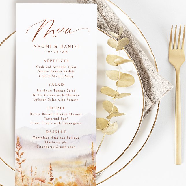 Menu Casamento Rústico de Montanha com Flor Silvestre e (Fall Watercolor Wildflower Mountain Rustic Wedding Menu)