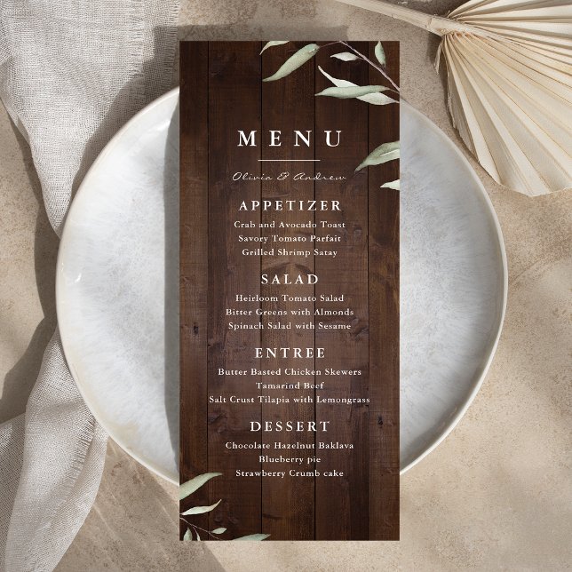 Menu Casamento rústico do condado de madeira do celeiro (Elegant greenery barn wood county rustic wedding menu)