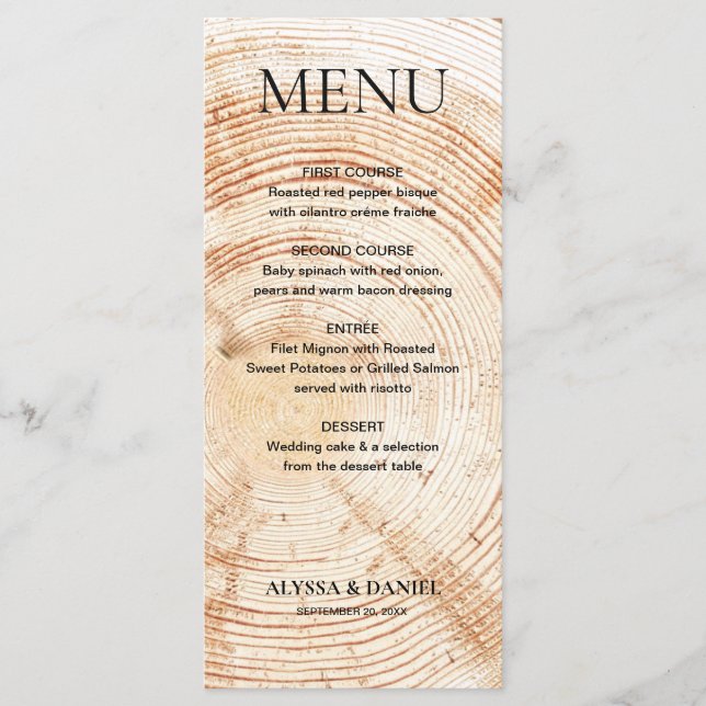 Menu Casamento Rústico Grão de casca de árvore da flore (Frente)