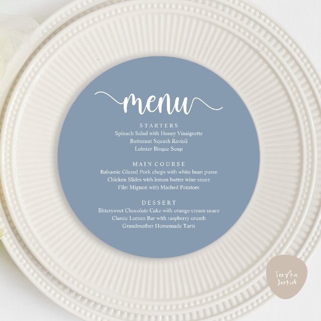 Menu Casamento Rústico Moderno, Jantar Redondo (Modern Rustic, Wedding Elopement Round Dinner Menu Card in Dusty Blue)