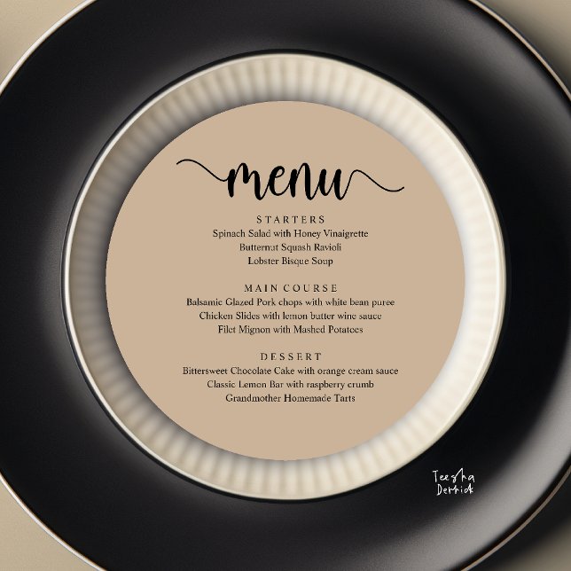 Menu Casamento Rústico Moderno, Jantar Redondo (Modern Rustic, Wedding Elopement Round Dinner Menu Card in Brown Tan)
