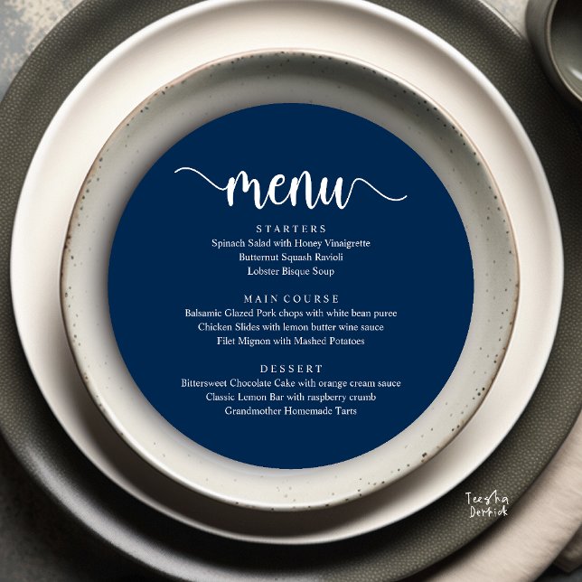 Menu Casamento Rústico Moderno, Jantar Redondo (Modern Rustic, Wedding Elopement Round Dinner Menu Card in Navy Blue)