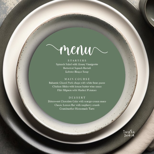Menu Casamento Rústico Moderno, Jantar Redondo (Modern Rustic, Wedding Elopement Round Dinner Menu Card in Sage Green)