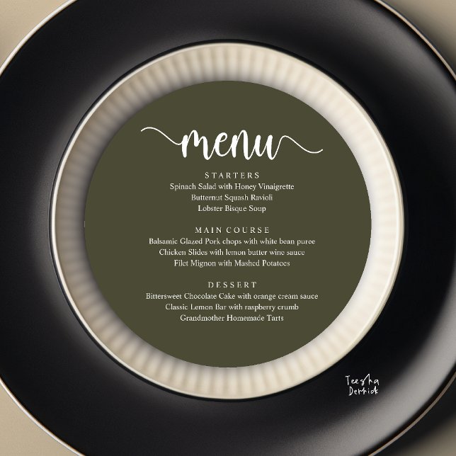 Menu Casamento Rústico Moderno, Jantar Redondo (Modern Rustic, Wedding Elopement Round Dinner Menu Card in Olive Green)