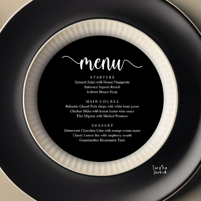 Menu Casamento Rústico Moderno, Jantar Redondo (Modern Rustic, Wedding Elopement Round Dinner Menu Card in Black and White)