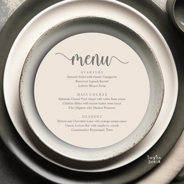 Menu Casamento Rústico Moderno, Jantar Redondo de Fuga (Modern Rustic, Wedding Elopement Round Dinner Menu Card in Cream and Grey)
