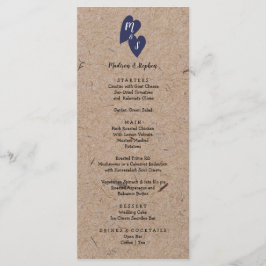 Menu Casamento Rústico | Monograma de Coração Azul-Mari