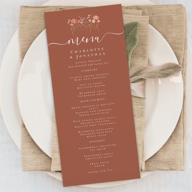Menu Casamento Selvagem de Terracota de Outono Boho (Elegant boho fall Wildflower floral terracotta rust Wedding menu card)