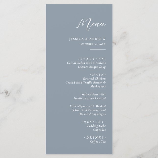 Menu Casamento Simples, Azul e Branco, com poeira mínim (Frente)