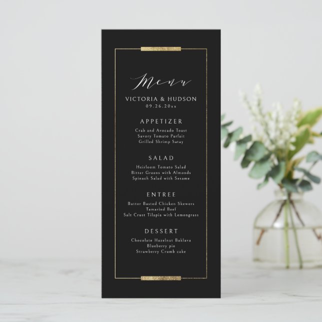Menu Casamento Simples Clássico Preto Elegance com Mold (Em pé/Frente)