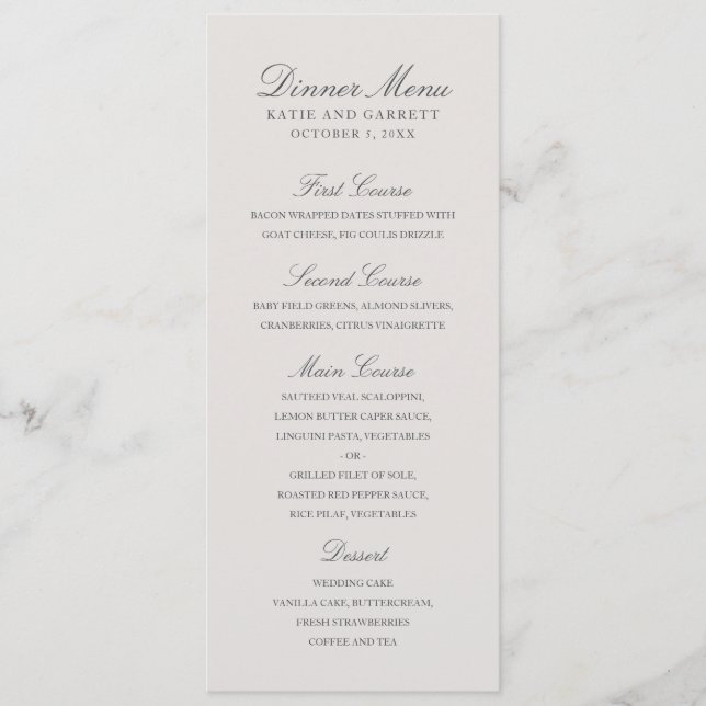 Menu Casamento Simples Cor Sólida Cinza Elegante (Frente)