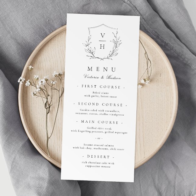 Menu Casamento simples da crista botânica monograma (Simple elegance botanical crest monogram wedding Menu)