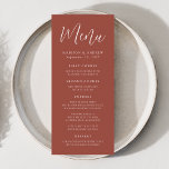 Menu Casamento Simples de Arroz<br><div class="desc">Menu de casamento simples com "Menu" exibido em um roteiro branco com fundo de ferrugem. Personalize o menu noivado de ferrugem adicionando seus nomes,  a data do casamento e as informações do menu. Projetado para coordenar com nossa coleção de casamento Simple Script.</div>