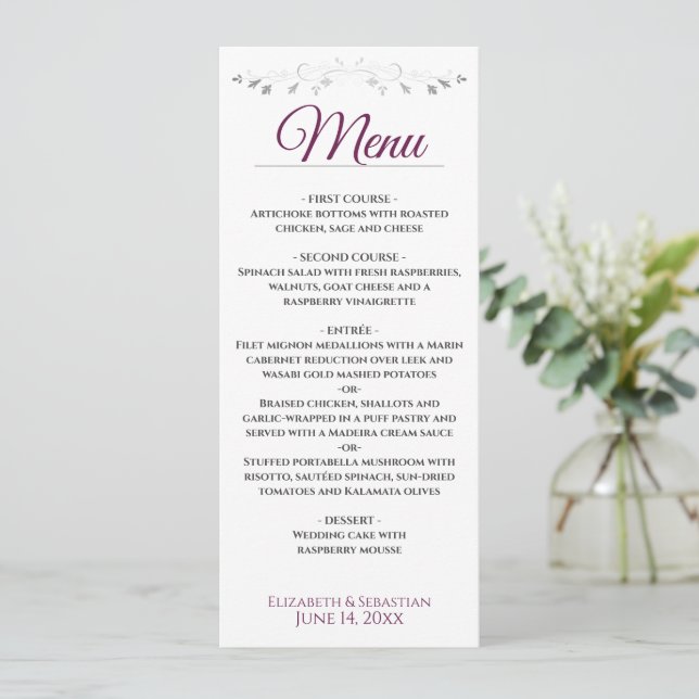 Menu Casamento Simples De Cassis Elegante E Prata Lacy (Em pé/Frente)