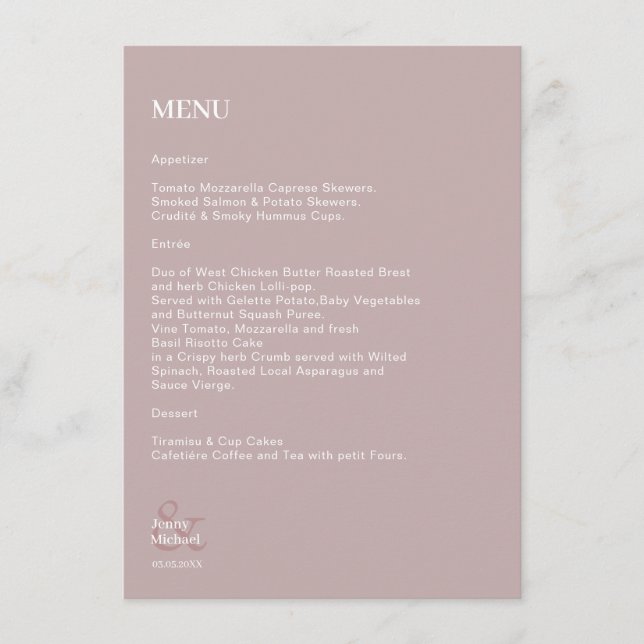 Menu Casamento simples de Dusty Rosa White (Frente)