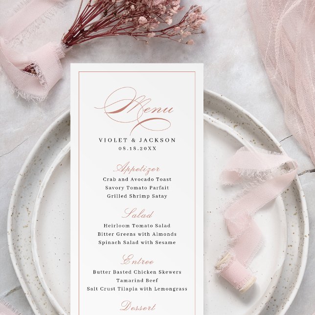 Menu Casamento Simples de Script de Elegância Clássica  (Rose Gold Classic Elegance Script Simple Wedding Menu)