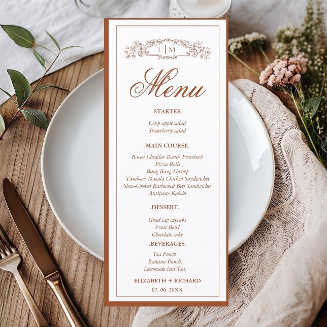 Menu Casamento simples do monograma da crista botânica  (Criador carregado)