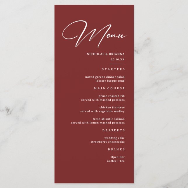 Menu Casamento Simples e Elegante Burgundy (Frente)